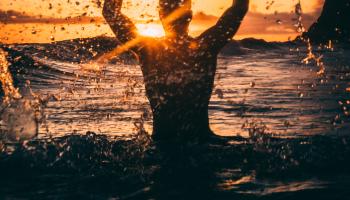 Backlit beach clouds sunset.